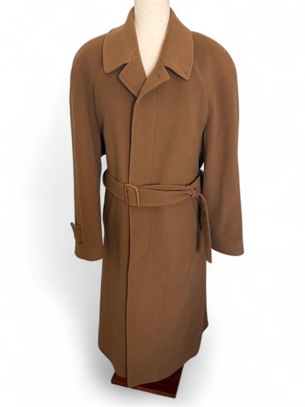 Vintage 90s Italian Wool Cashmere Camel Brown Belted Trench Coat Womens 10 Large